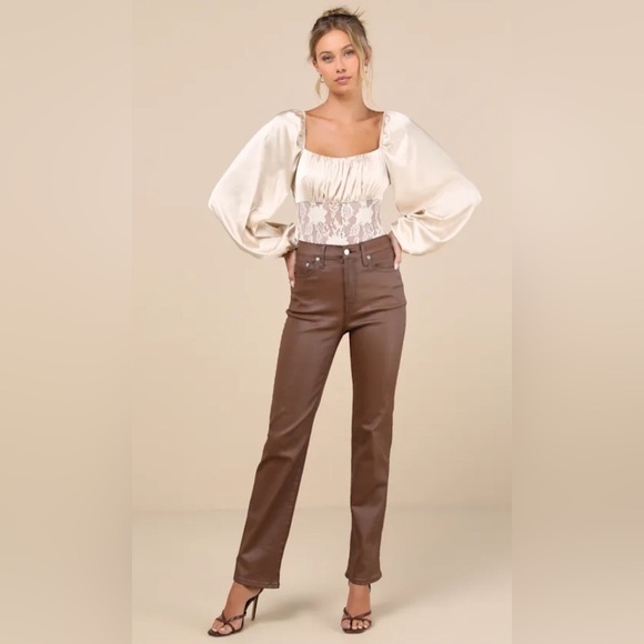 Lulus Tops - NWT Lulus Endless Aura Cream Satin Balloon Sleeve Sheer Lace Bodysuit Size Med